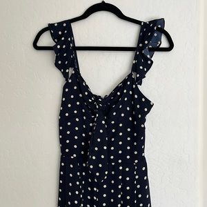 NWT Navy Polka Dot Jumpsuit with Ruffle Sleeves and Wide Leg